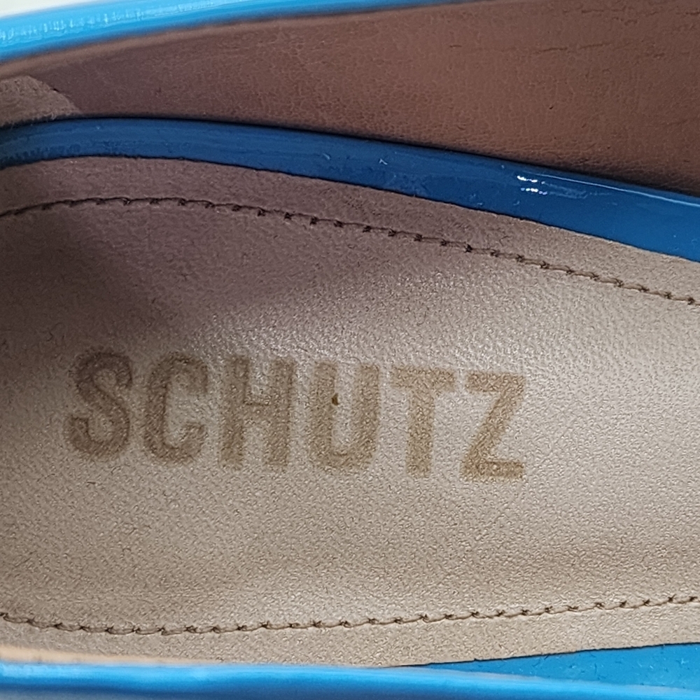 Schutz Women's Lou Patent Bright Ocean Stiletto Pointed Toe Pump Shoes - 9 - Picture 5 of 10